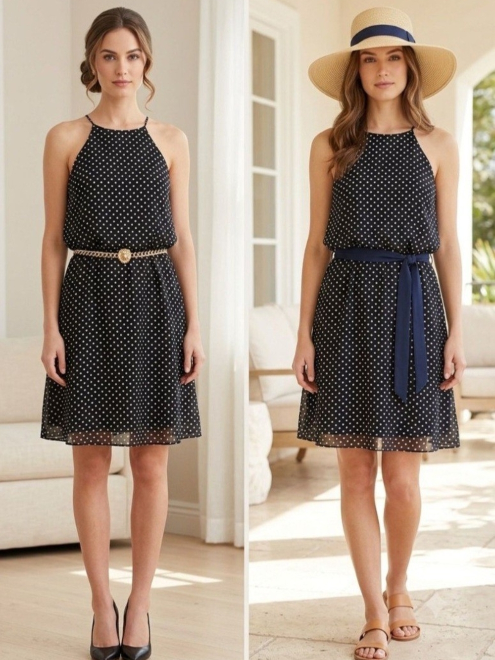 Amber Blue Sleeveless Black Polka Dot Halter Dress. Size M